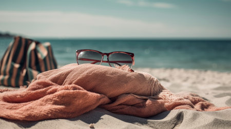 Sunglasses and towel on the beach. Toned image.の素材