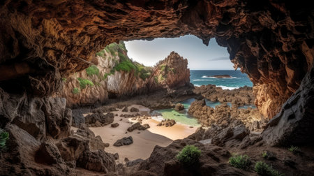 Beautiful view of the beach and the cave in Algarve, Portugalの素材