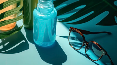 cosmetic bottle and glasses on a blue background with palm leaf shadowの素材