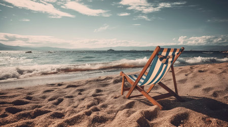 Deck chair on the beach. Vintage style toned picture.の素材