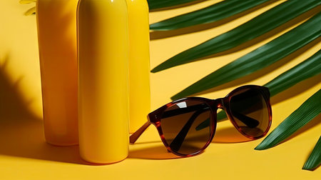 Sunscreen bottle with sunglasses and palm leaf on yellow background, closeupの素材