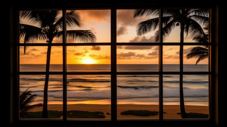 Sunset at the beach with palm trees and sea in the windowの素材
