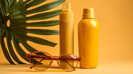 sunblock bottle with sunglasses and monstera leaf on yellow background.の素材