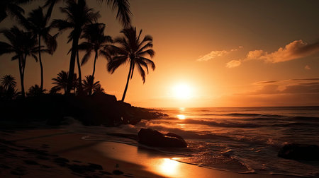 Tropical beach at beautiful sunset with palm trees silhouettes.の素材