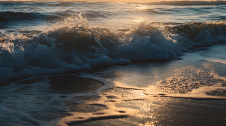 Soft wave of the sea on the sandy beach at sunset time.の素材