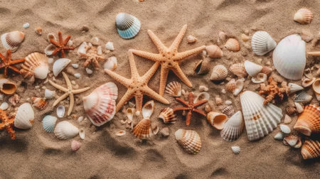 Seashells and starfish on sand background. Summer conceptの素材