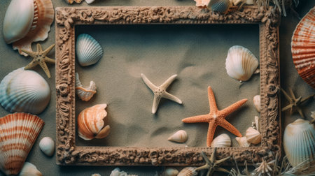 Starfish and seashells in a frame on a gray backgroundの素材