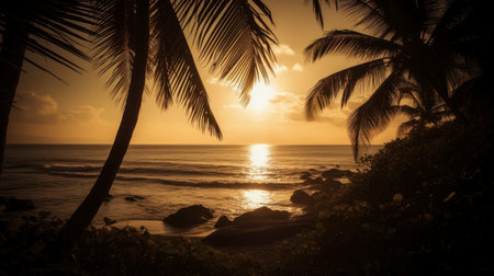Tropical beach with palm trees at sunset, Seychellesの素材