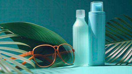 Sunscreen bottle, sunglasses and palm leaf on turquoise backgroundの素材