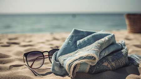 Beach towel and sunglasses on sand near the sea. Select focus.の素材