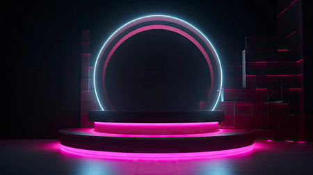 Empty podium floating in the air with line gradient neon ring on background. illustration with abstract scene with pink and blue neon frameの素材