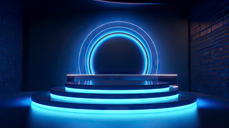 Empty podium floating in the air with line gradient neon ring on background. illustration with abstract scene with pink and blue neon frameの素材