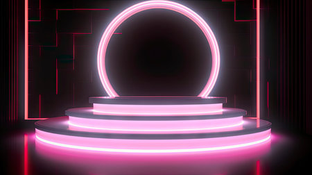 Empty podium floating in the air with line gradient neon ring on background. illustration with abstract scene with pink and blue neon frameの素材