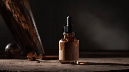 Cosmetic oil in a brown glass bottle on a wooden table.の素材