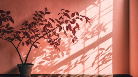 Shadow of a plant in a vase on a pink wall.の素材