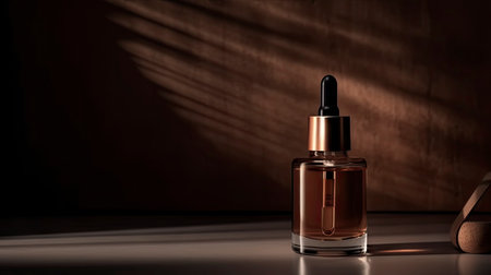 Brown glass dropper bottle with pipette on a black background.の素材
