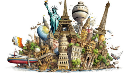 Fantasy landscape with famous monuments of the world - illustration for childrenの素材