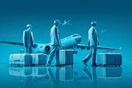 Group of people with suitcases on a blue background. 3d renderingの素材