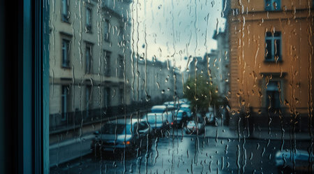 Rain drops on the window in Prague, Czech Republic. Rainy day.の素材