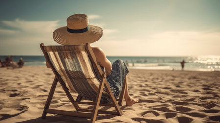 Woman sitting on a deckchair on the beach in the morning.の素材