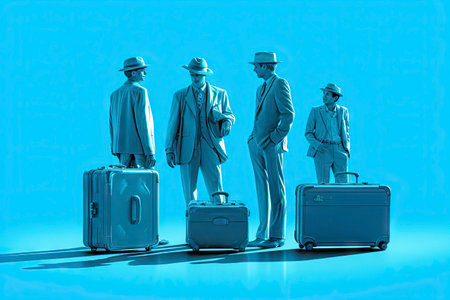 Group of business people with suitcases on blue background. 3d renderingの素材