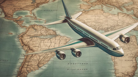 Plane flying over world map. Travel concept. vintage toneの素材