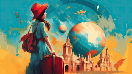 Traveling woman with red hat and suitcase in front of famous landmarksの素材