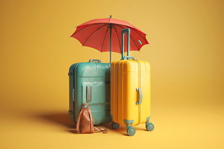 Two suitcases and umbrella on yellow background. Travel and vacation conceptの素材