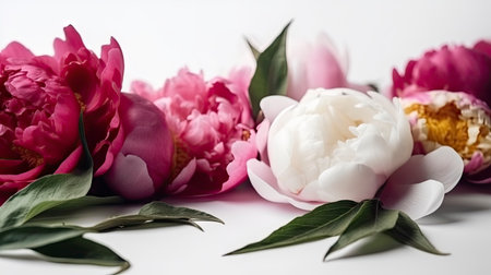 beautiful peony flowers on white background, close-up viewの素材