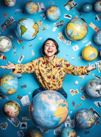 Happy young woman with globe and money on blue background. Travel and vacation conceptの素材
