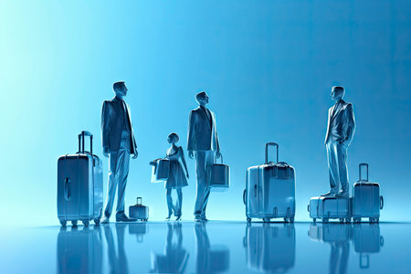 Group of business people with luggage on blue background. 3d renderingの素材