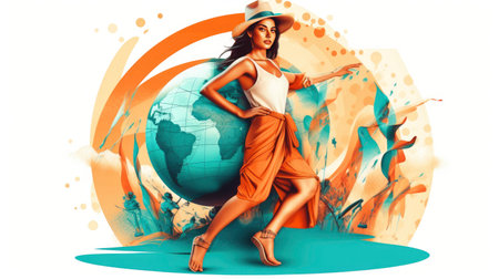 Fashion photo of a beautiful woman on a background of the earth.の素材