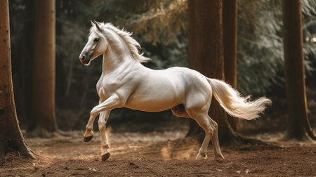 White horse galloping in the forest. Beautiful young stallion.の素材