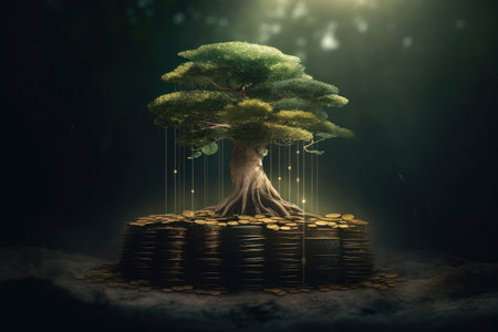 Investment concept, Tree growing from pile of coins, 3d renderの素材