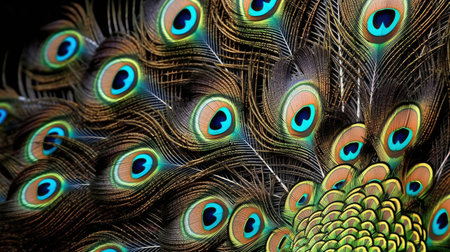 Peacock feathers as a background. Close up image.の素材