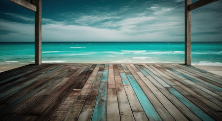Wooden floor on the beach with blue sea and sky background.の素材