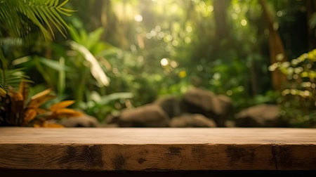 Empty wooden table and blurred background of tropical forest. for product displayの素材