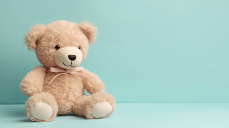 Cute teddy bear sitting on blue background with copy space.の素材