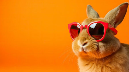 Cute red rabbit wearing sunglasses on orange background with copy space.の素材