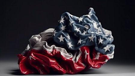 American flag in the form of a crumpled paper on a dark backgroundの素材