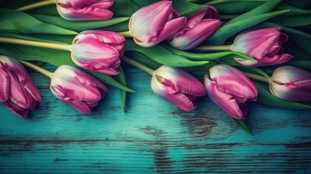 Bouquet of pink tulips on a blue wooden background. Toned.の素材