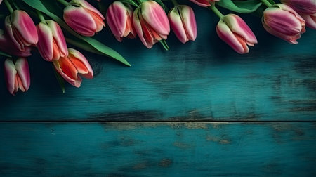 Bouquet of pink tulips on a blue wooden background. Toned.の素材