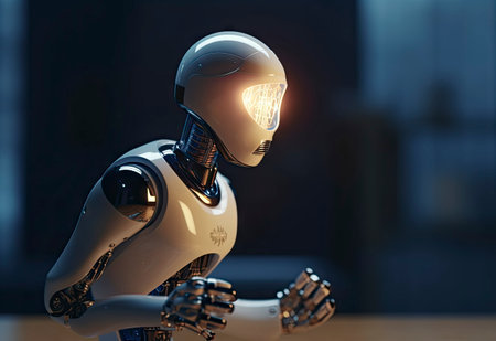 3d rendering humanoid robot with light bulb on table in dark roomの素材