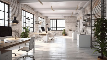 Modern bright office interior 3D rendering mockup computer digitally generated imageの素材