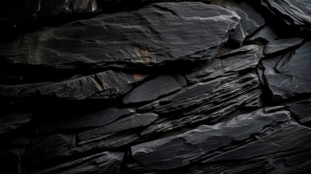 Black slate stone wall texture background. Close up of stone wall.の素材