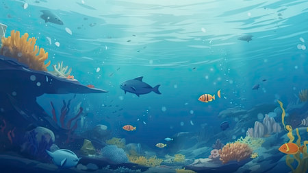 Underwater background with coral reef and fish. Vector cartoon illustration.の素材