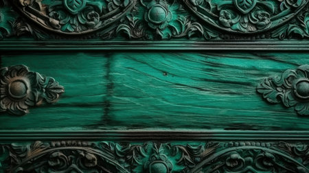 Green wooden background with carved ornament and copy space for text or imageの素材