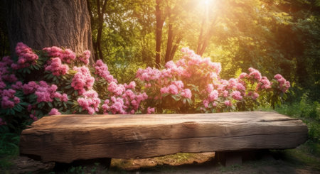 Empty wooden table in the park with pink rhododendron flowersの素材