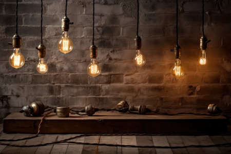 Vintage incandescent Edison light bulbs decorating an old brick wallの素材