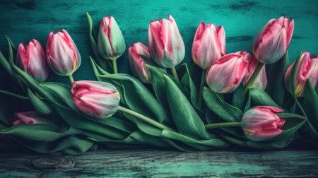 Bouquet of pink tulips on wooden background. Toned.の素材